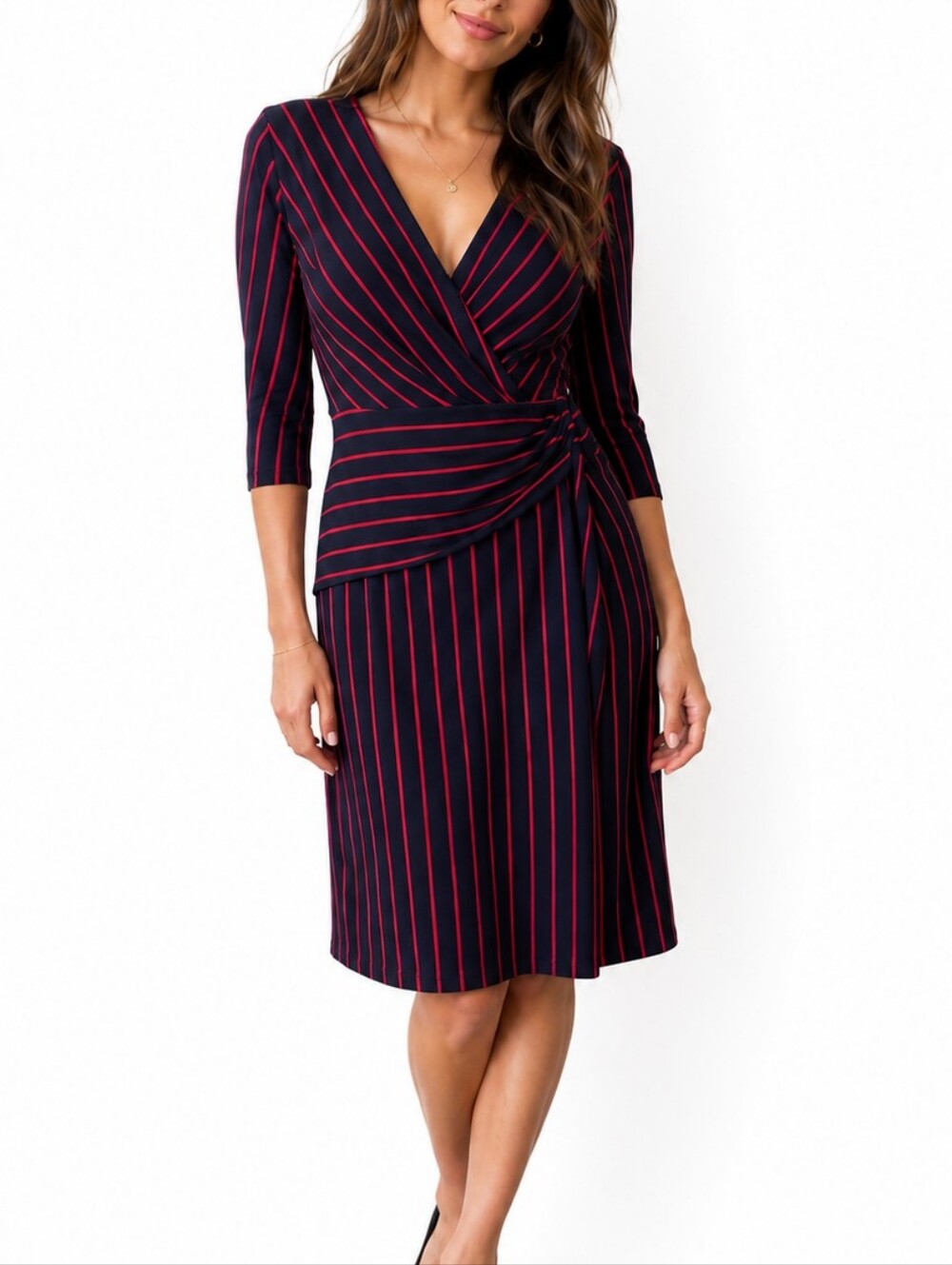 Elegant Navy & Red Pinstripe Wrap Dress Chic Office Midi Dress Classic Business